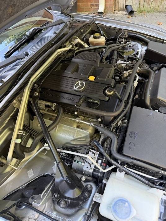 Strut brace installed over the engine bay, front view